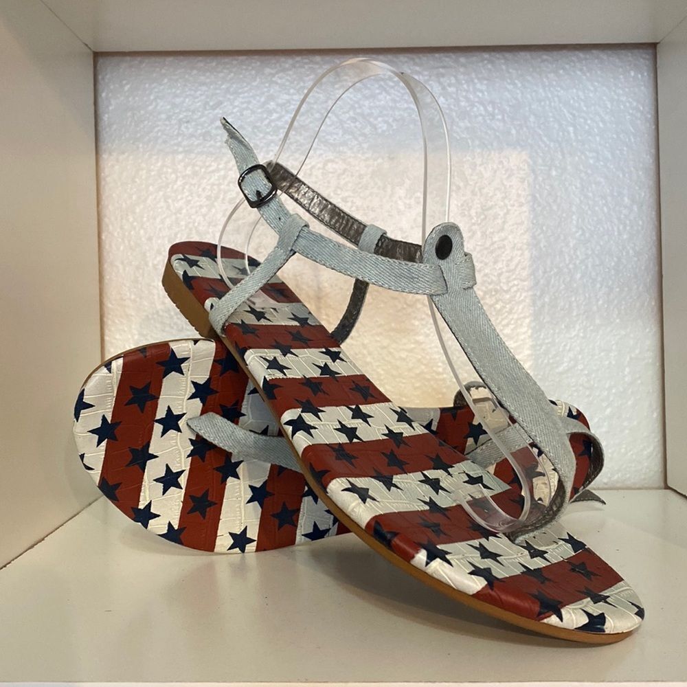 Lane Bryant American Flag Print T Strap Flat Sandals